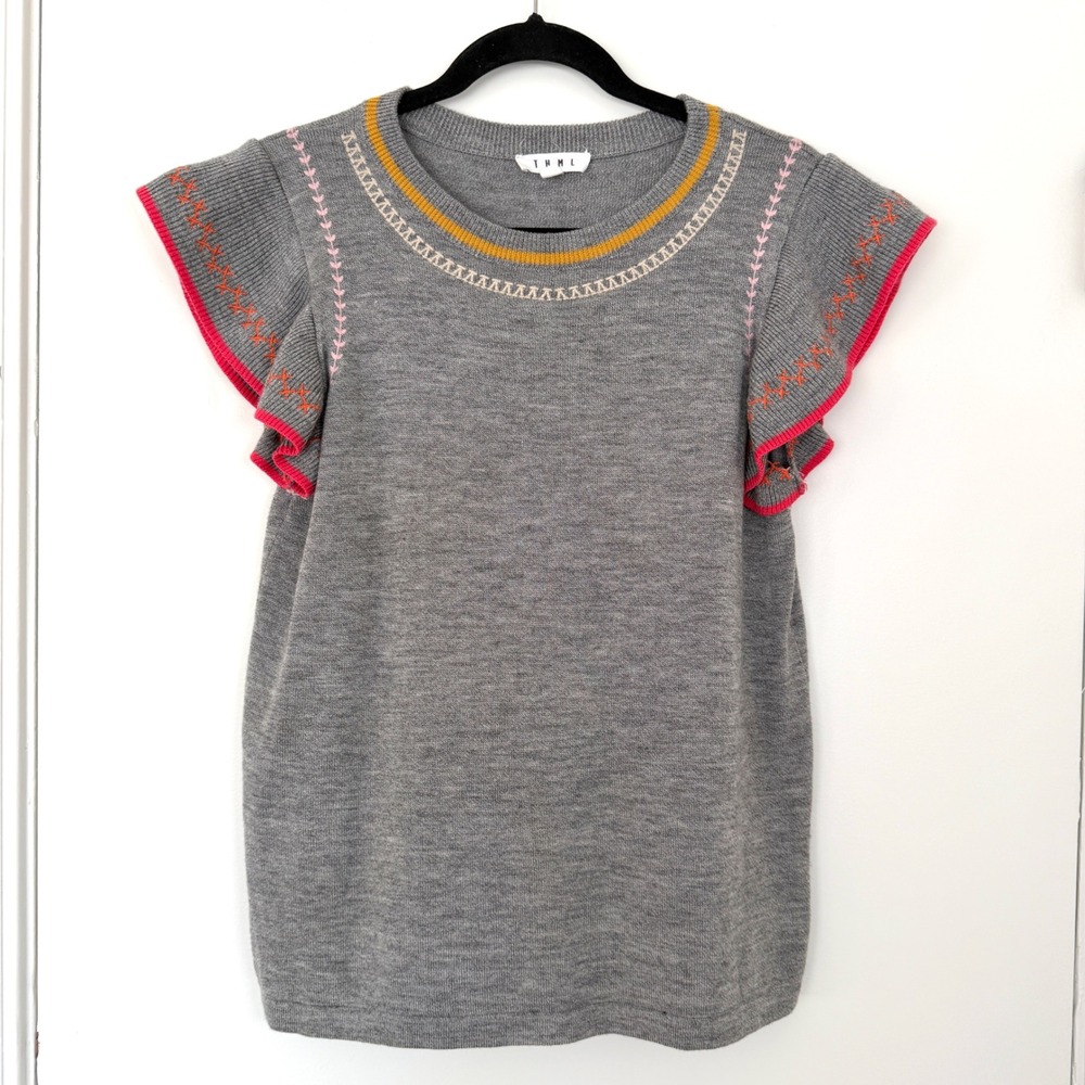 THML Heather Gray Wool Embroidered Flutter Ruffle Sleeve Knit Sweater Top Large